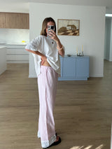 Drawstring embroidered pant - pink stripe