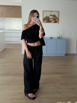 Drawstring embroidered pant - black