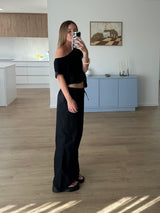 Drawstring embroidered pant - black